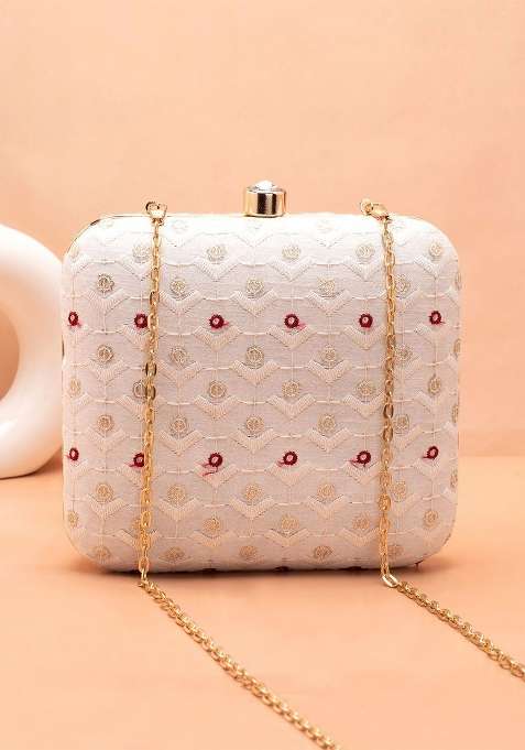 White Embroidered Satin Clutches