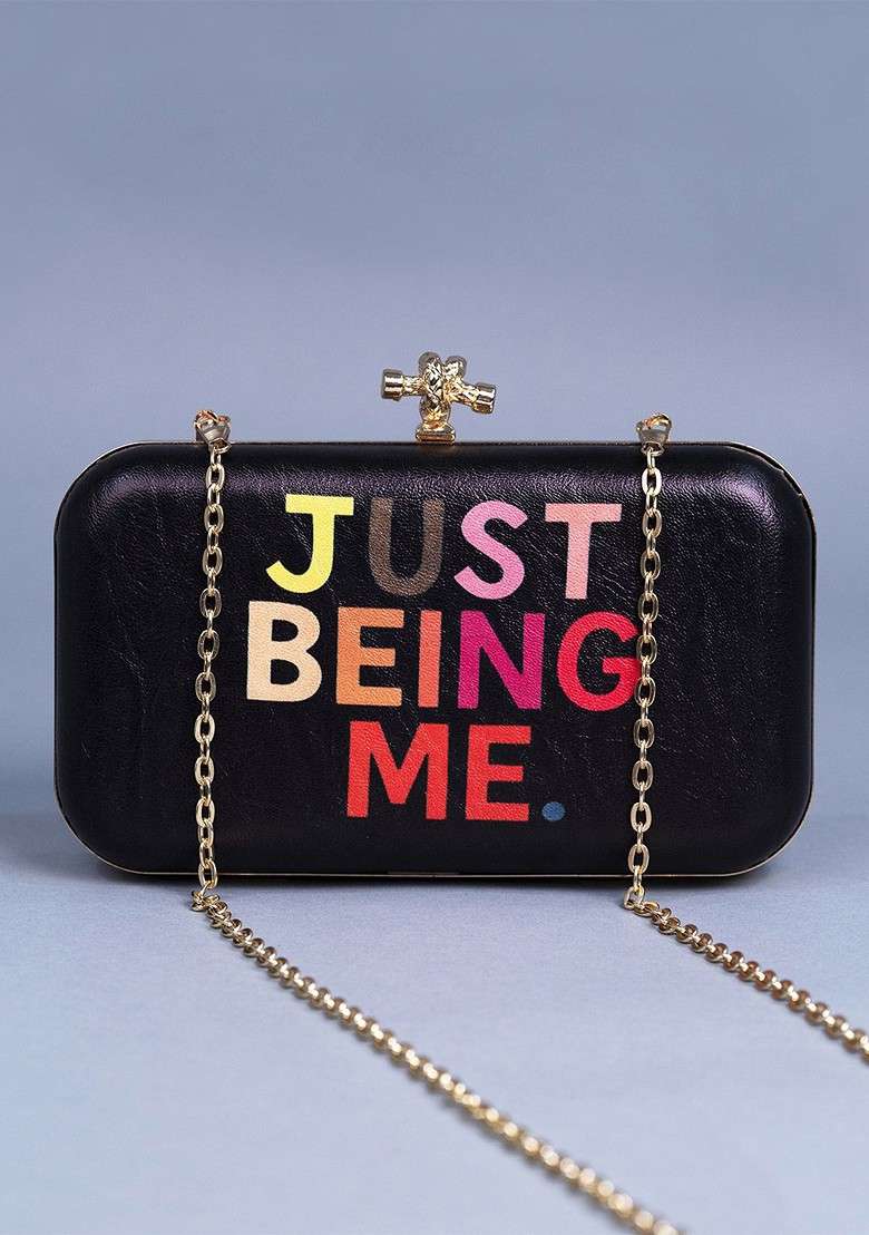 Black Printed Satin Clutches - Indya