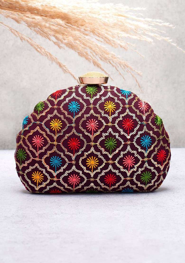 Purple Embroidered Satin Clutches - Indya