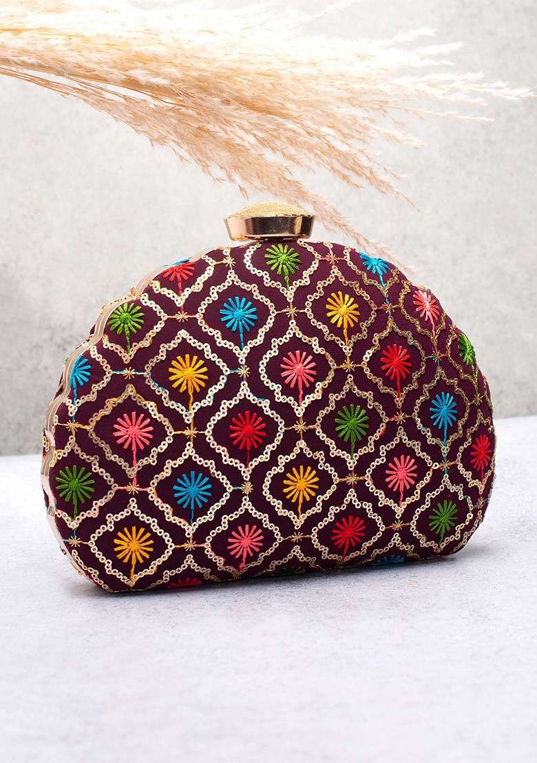 Purple Embroidered Satin Clutches - Indya