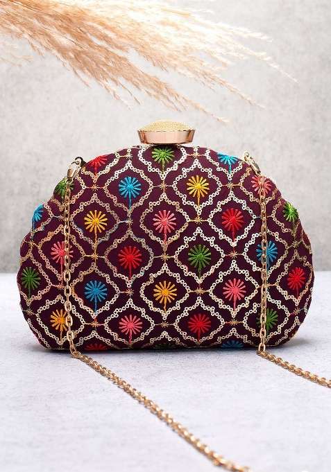 Purple Embroidered Satin Clutches