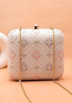 White Embroidered Satin Clutches