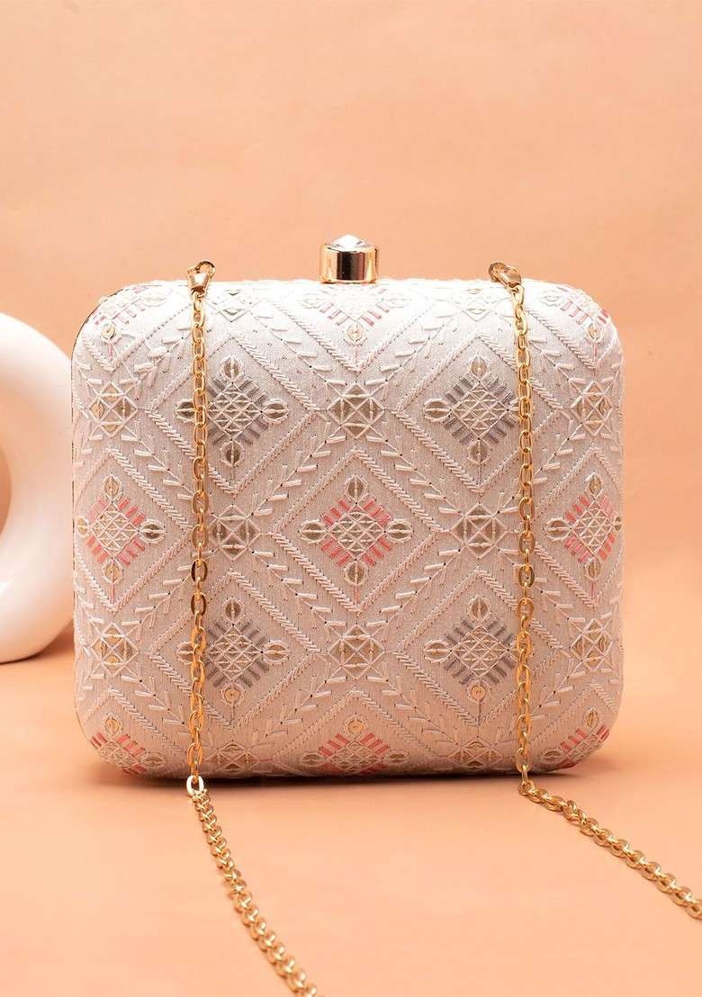 White Embroidered Satin Clutches - Indya