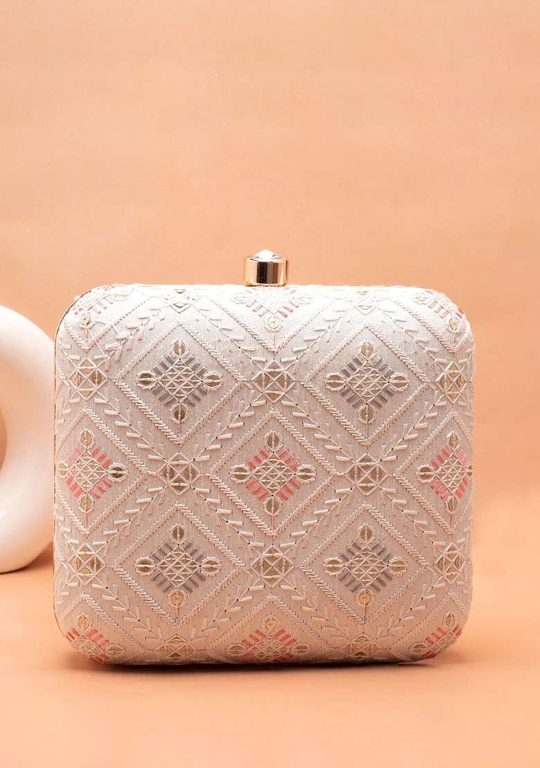 White Embroidered Satin Clutches - Indya