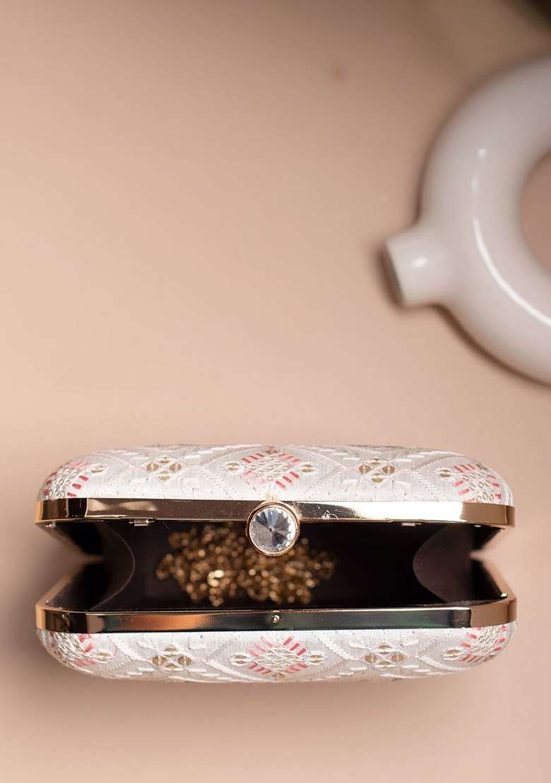 White Embroidered Satin Clutches - Indya