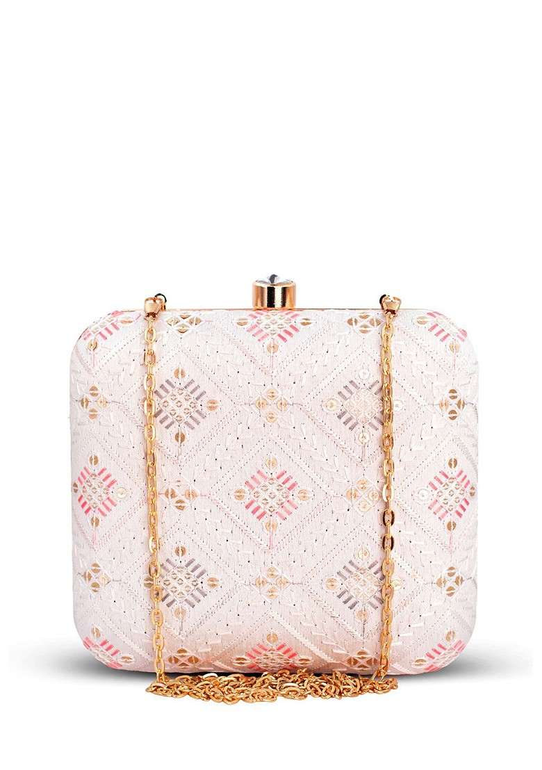 White Embroidered Satin Clutches - Indya