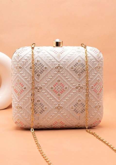 White Embroidered Satin Clutches