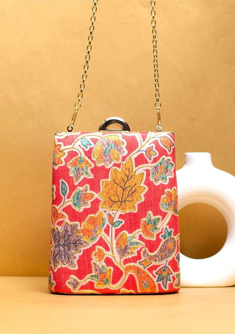 Red Printed Satin Clutches - Indya