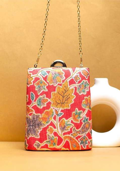 Red Printed Satin Clutches