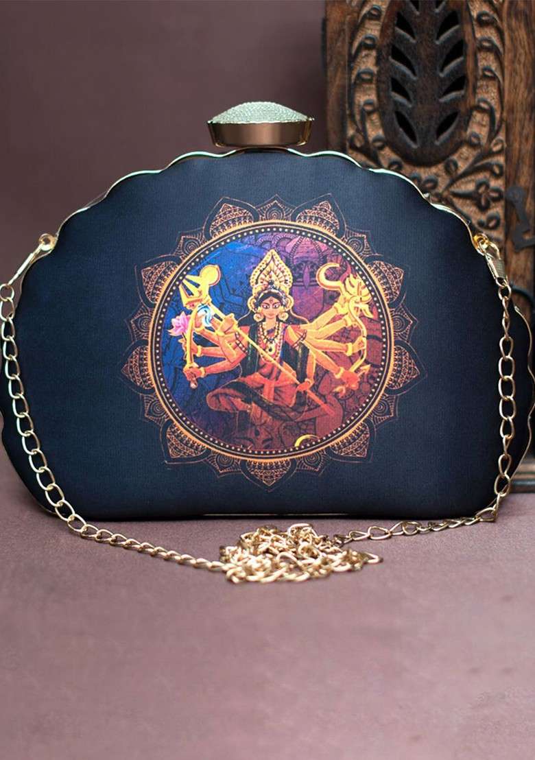 Blue Printed Satin Clutches - Indya