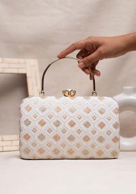 White Embroidered Satin Clutches
