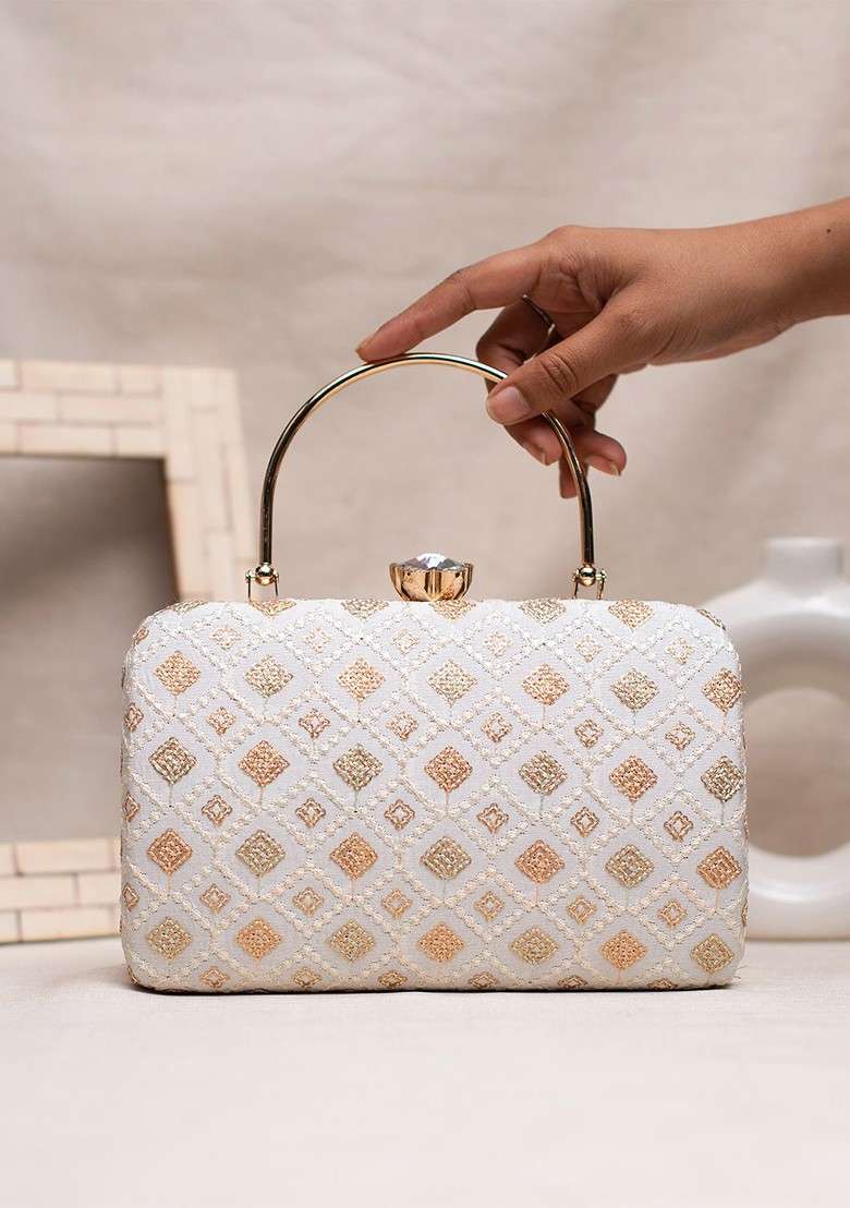 White Embroidered Satin Clutches - Indya
