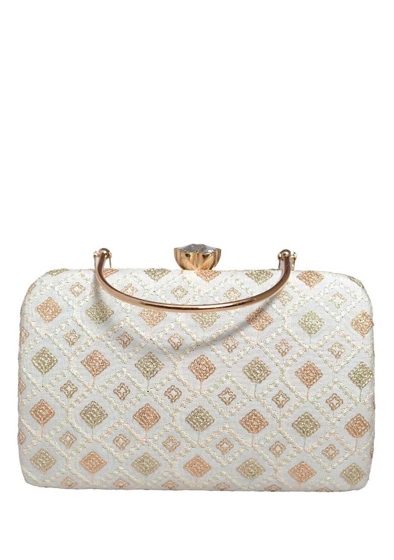 White Embroidered Satin Clutches - Indya