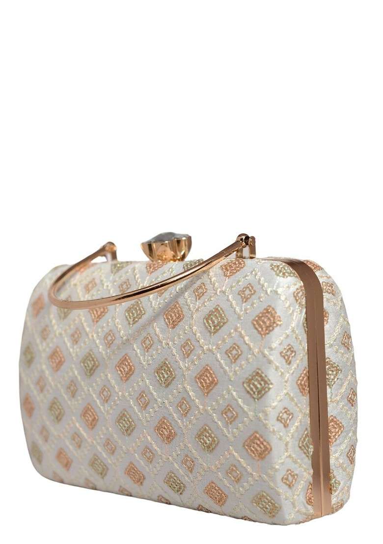White Embroidered Satin Clutches - Indya