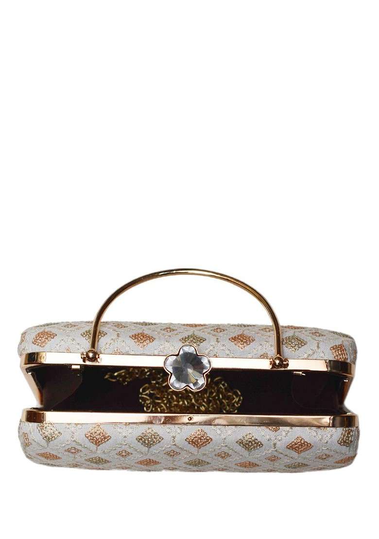 White Embroidered Satin Clutches - Indya