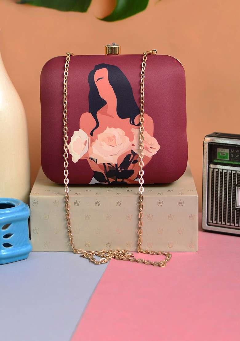 Burgundy Printed Satin Clutches - Indya