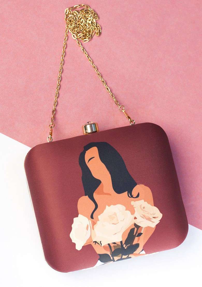 Burgundy Printed Satin Clutches - Indya