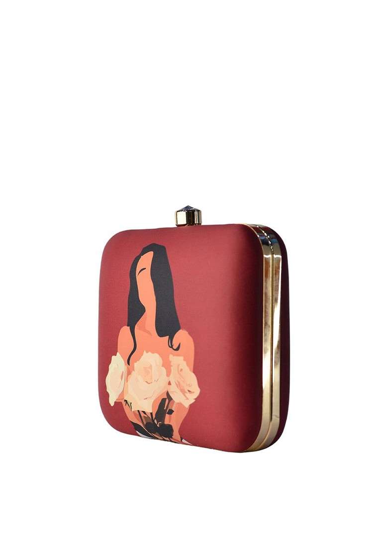 Burgundy Printed Satin Clutches - Indya