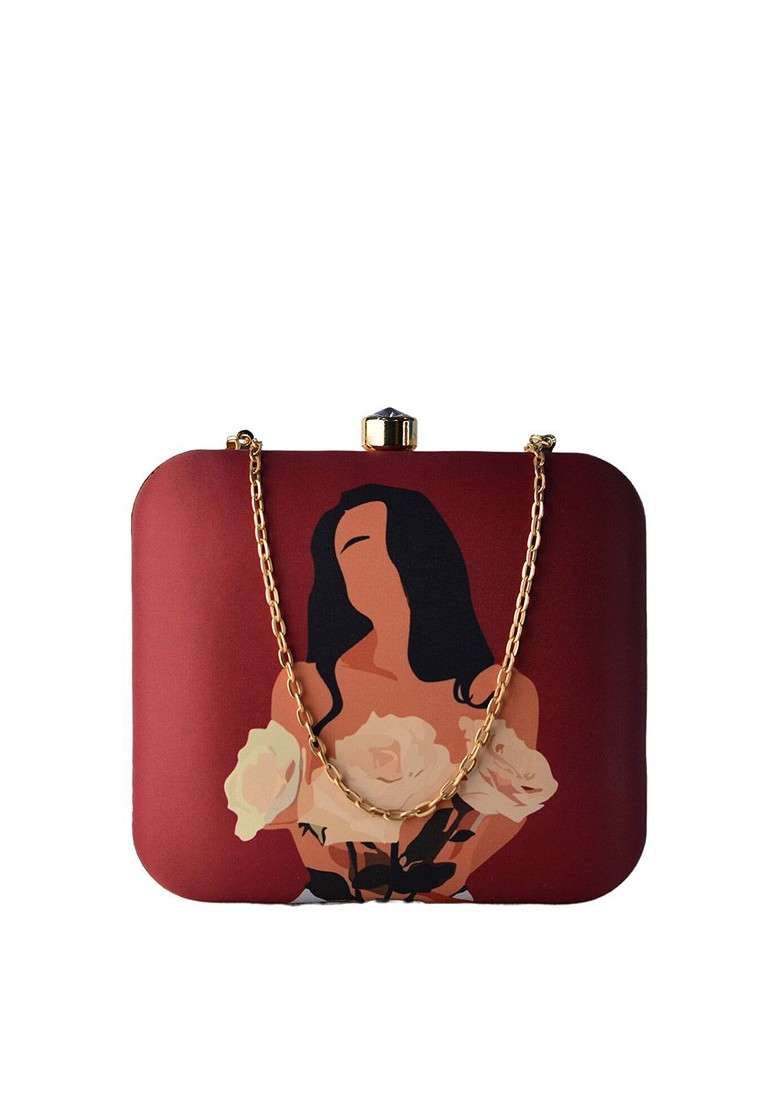 Burgundy Printed Satin Clutches - Indya