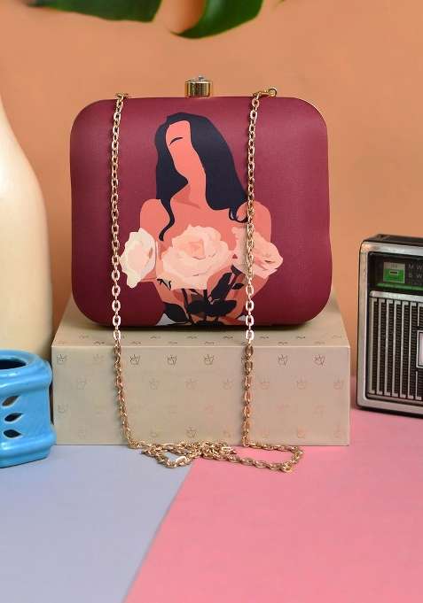 Burgundy Printed Satin Clutches