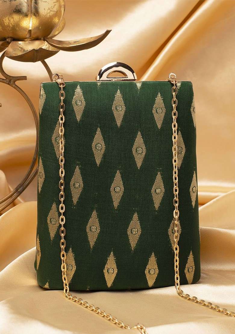 Green Embroidered Satin Clutches - Indya