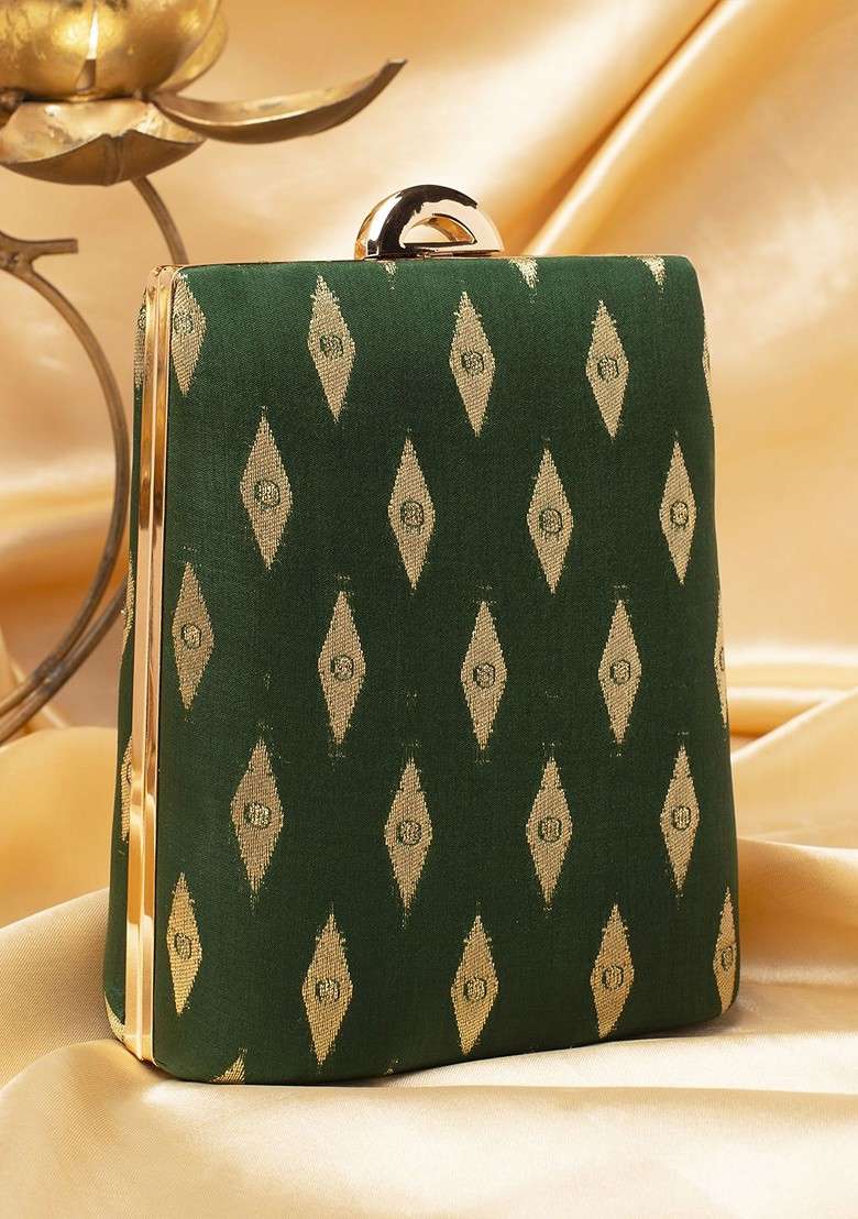 Green Embroidered Satin Clutches - Indya