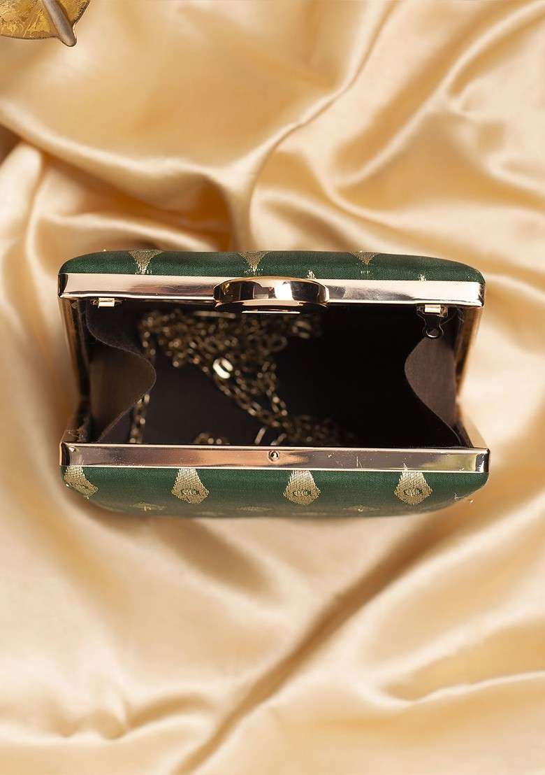 Green Embroidered Satin Clutches - Indya