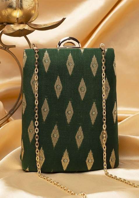 Green Embroidered Satin Clutches