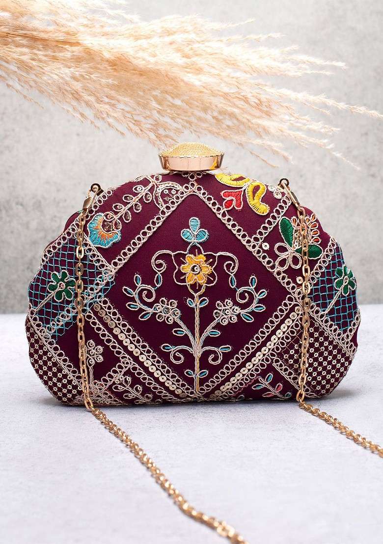 Purple Embroidered Satin Clutches - Indya