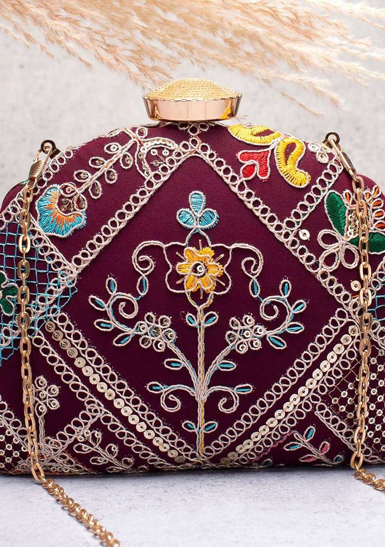 Purple Embroidered Satin Clutches - Indya