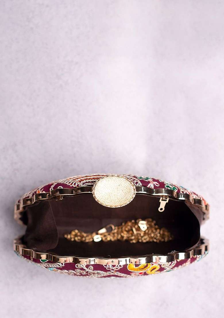 Purple Embroidered Satin Clutches - Indya