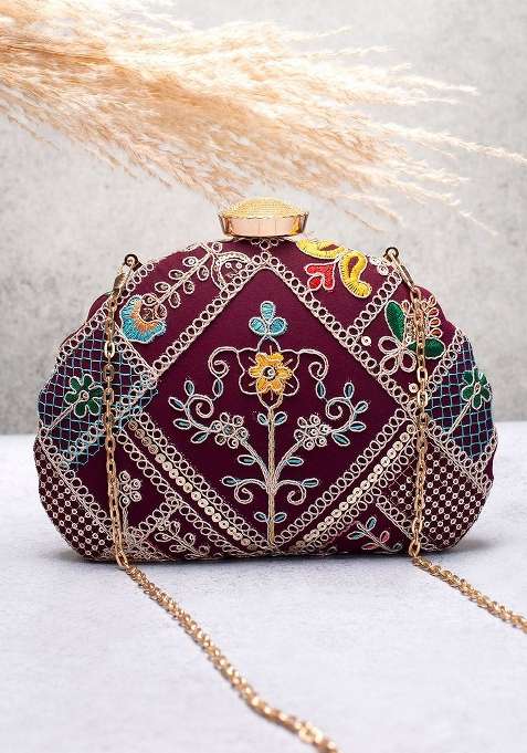Purple Embroidered Satin Clutches