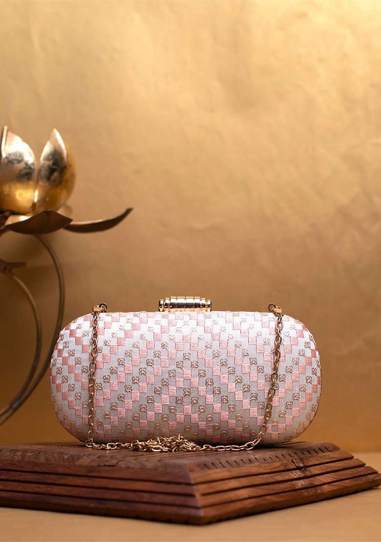Grey Embroidered Satin Clutches - Indya