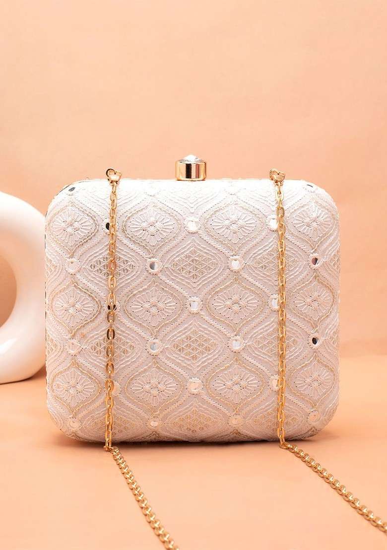 White Embroidered Satin Clutches - Indya