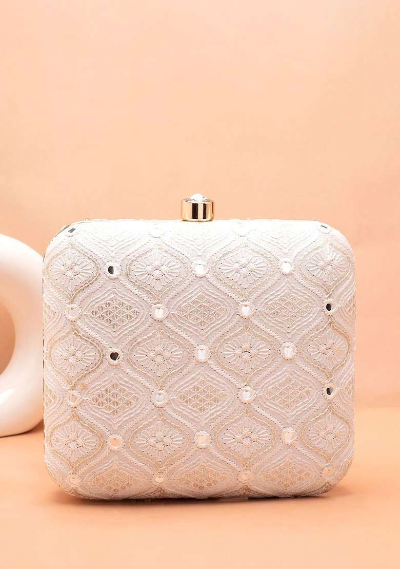 White Embroidered Satin Clutches - Indya