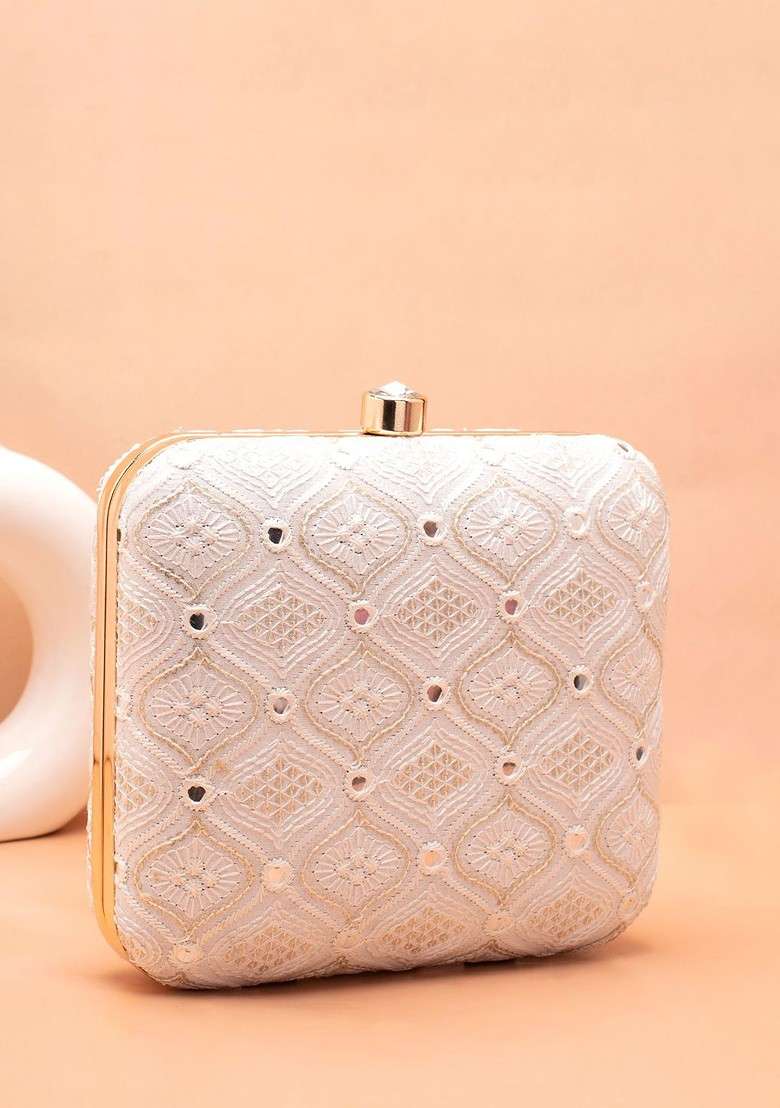 White Embroidered Satin Clutches - Indya
