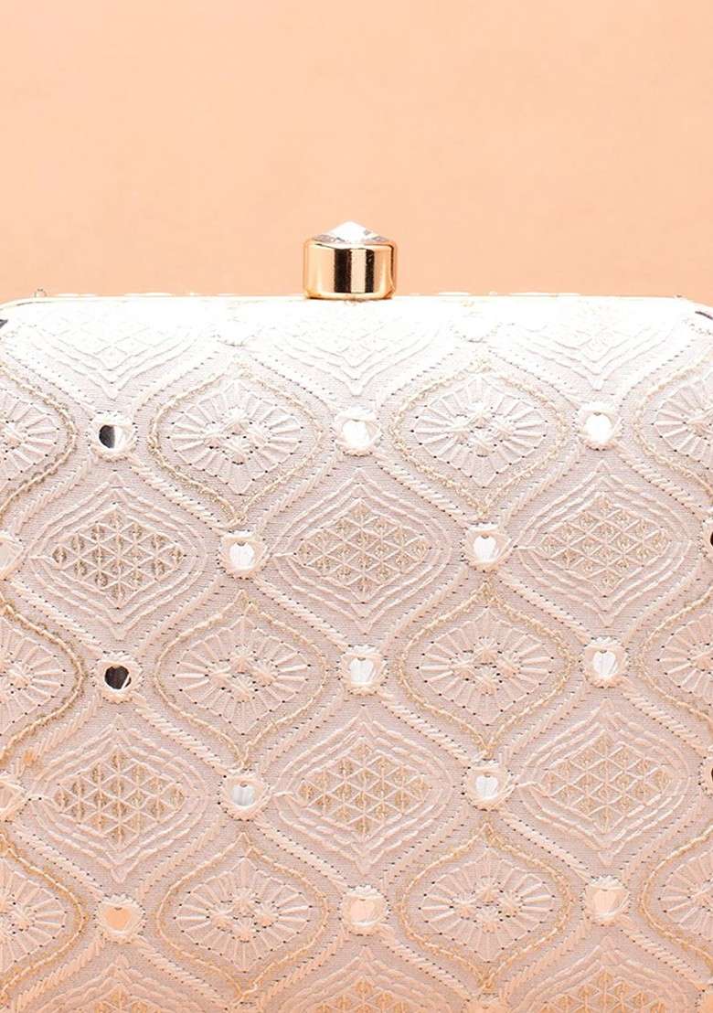 White Embroidered Satin Clutches - Indya