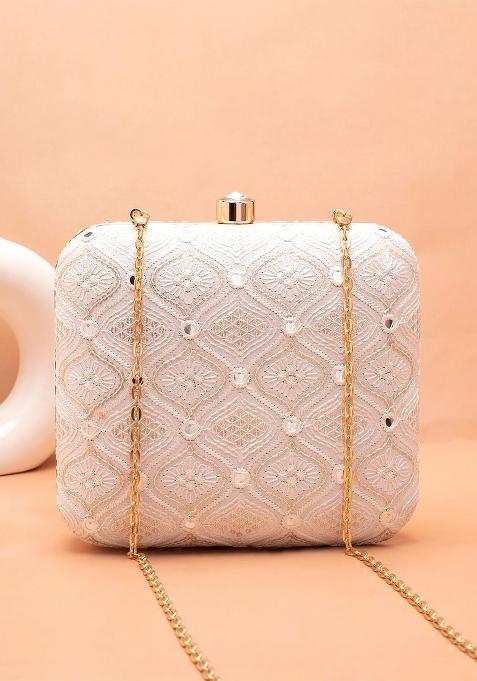 White Embroidered Satin Clutches