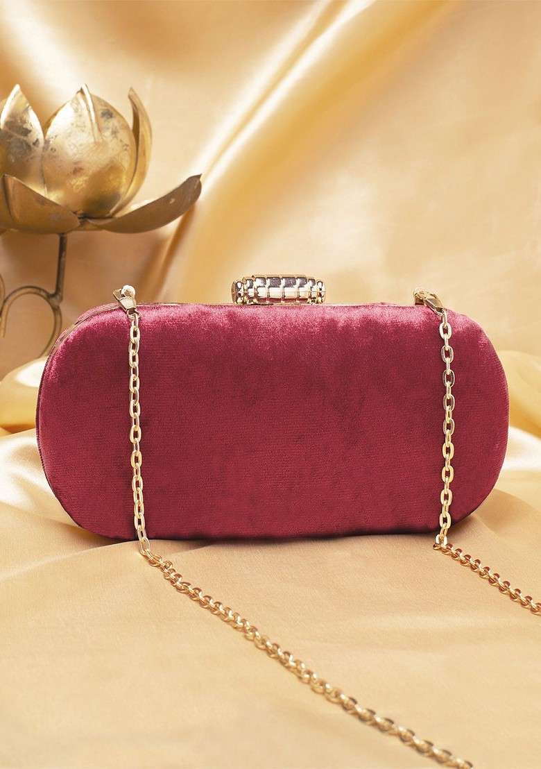 Maroon Embroidered Satin Clutches - Indya