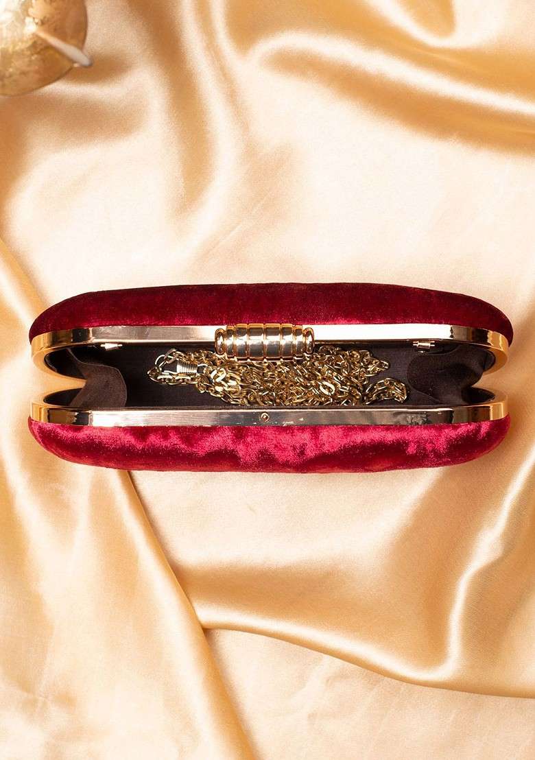 Maroon Embroidered Satin Clutches - Indya