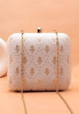 White Embroidered Satin Clutches