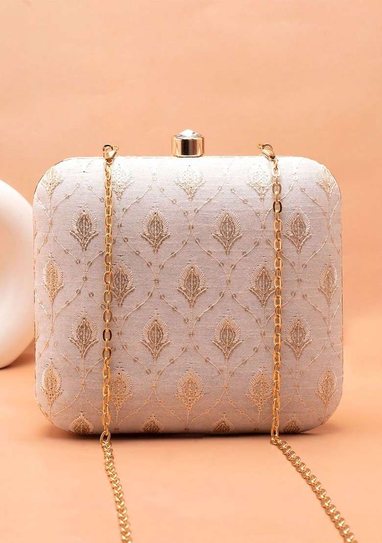 White Embroidered Satin Clutches - Indya