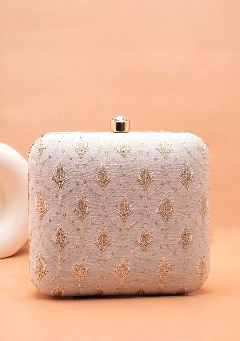 White Embroidered Satin Clutches - Indya