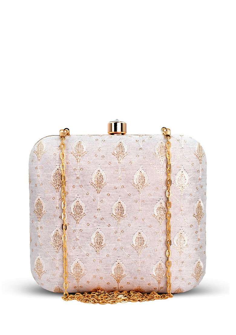 White Embroidered Satin Clutches - Indya