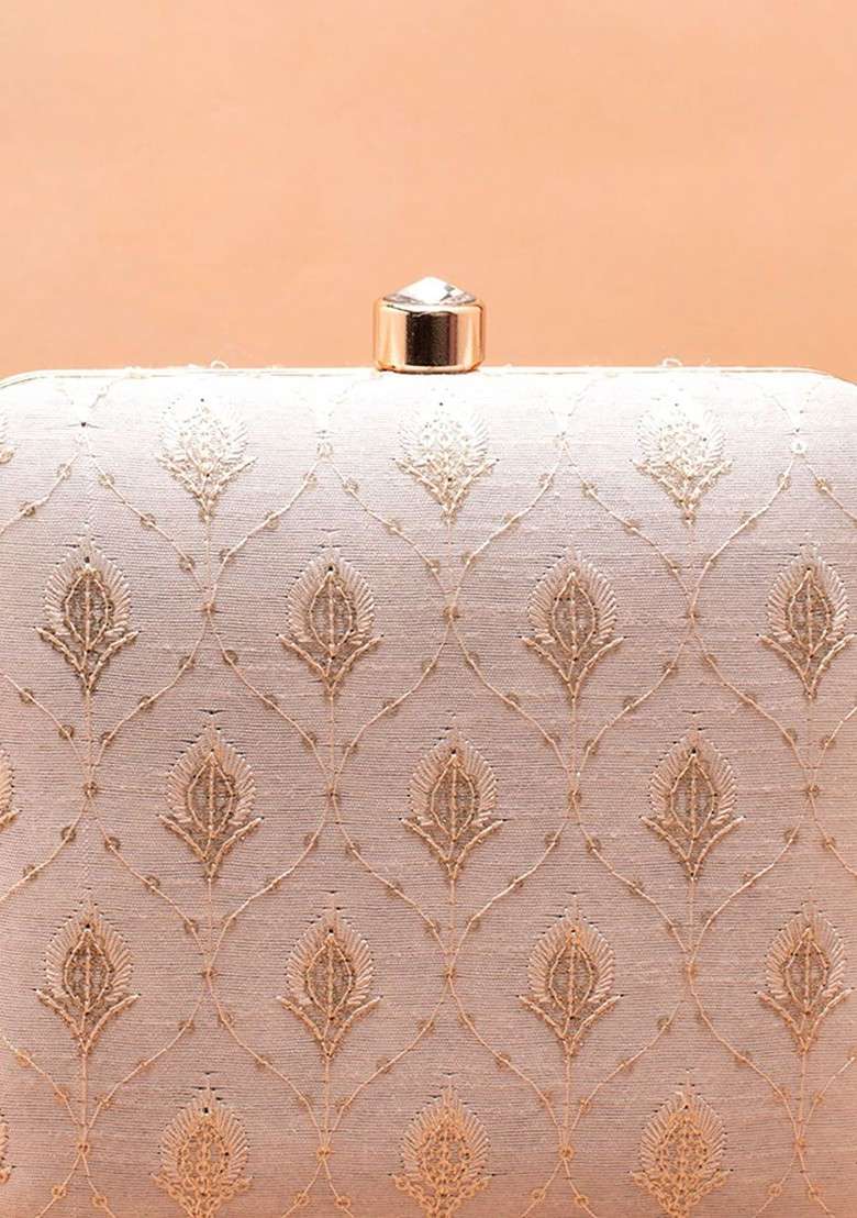 White Embroidered Satin Clutches - Indya