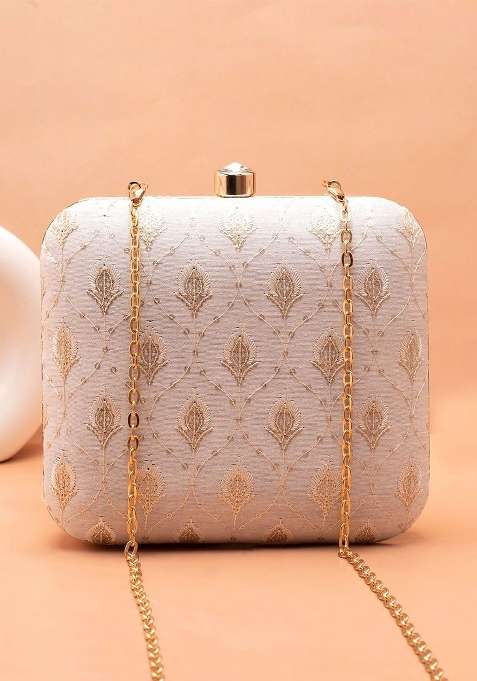 White Embroidered Satin Clutches