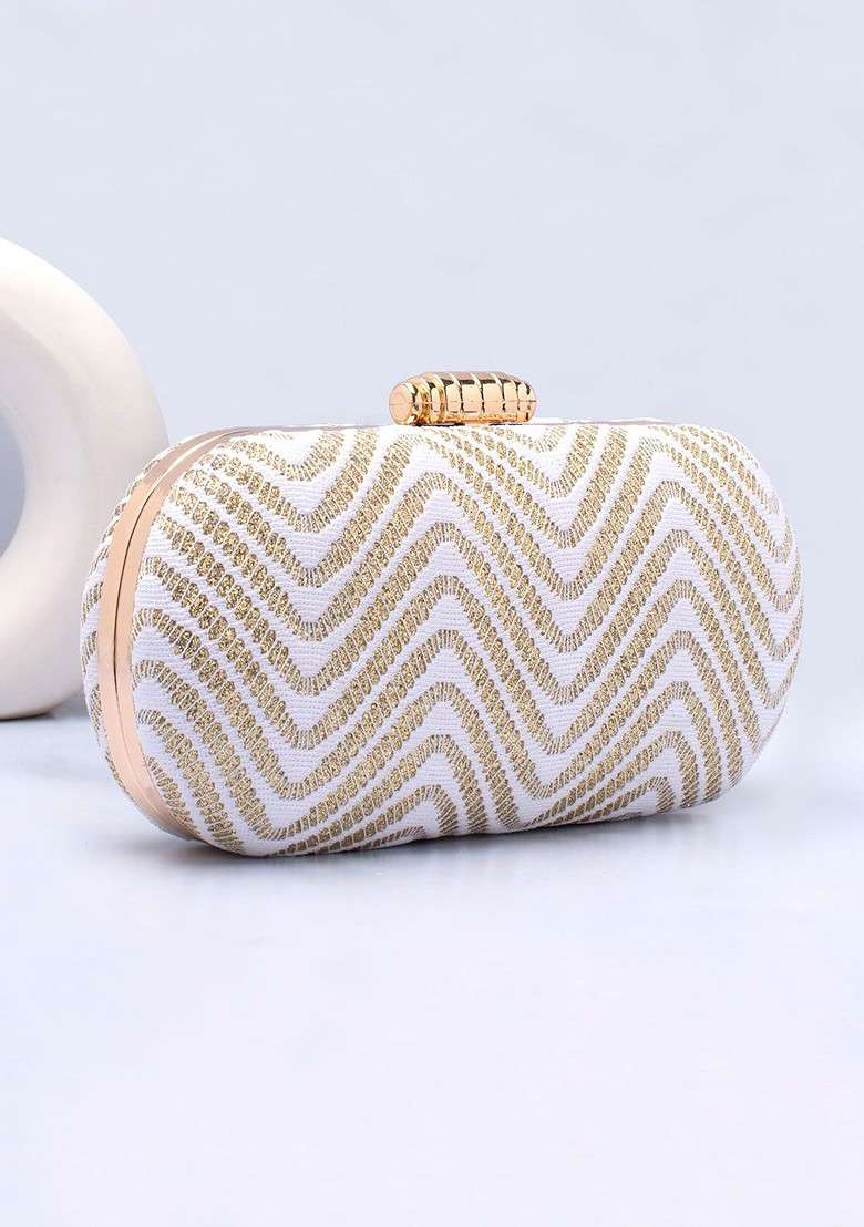 White Embroidered Satin Clutches - Indya