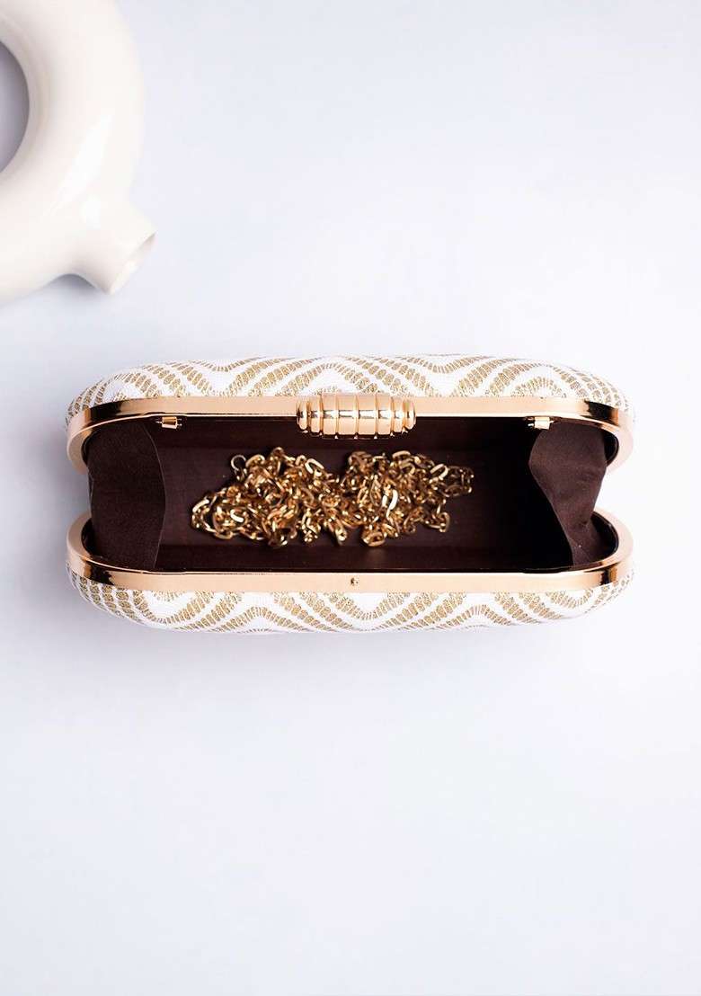 White Embroidered Satin Clutches - Indya