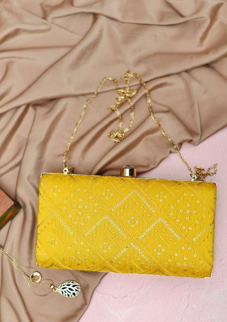 Yellow Embroidered Satin Clutches - Indya