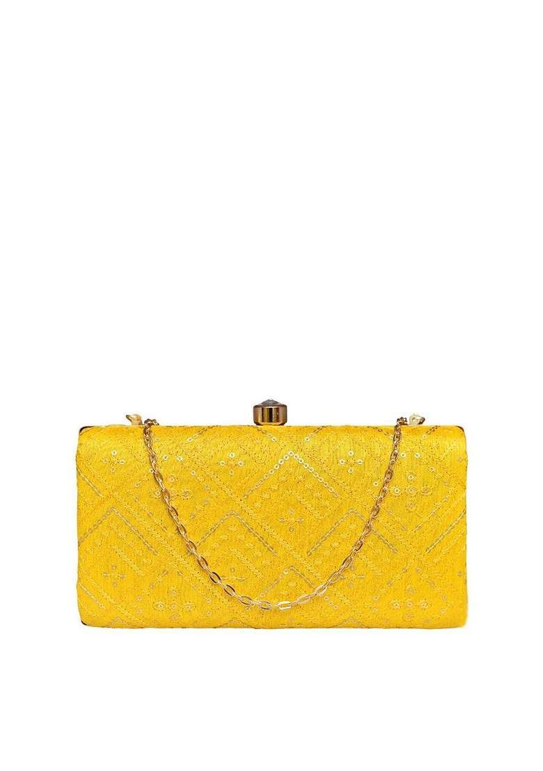 Yellow Embroidered Satin Clutches - Indya